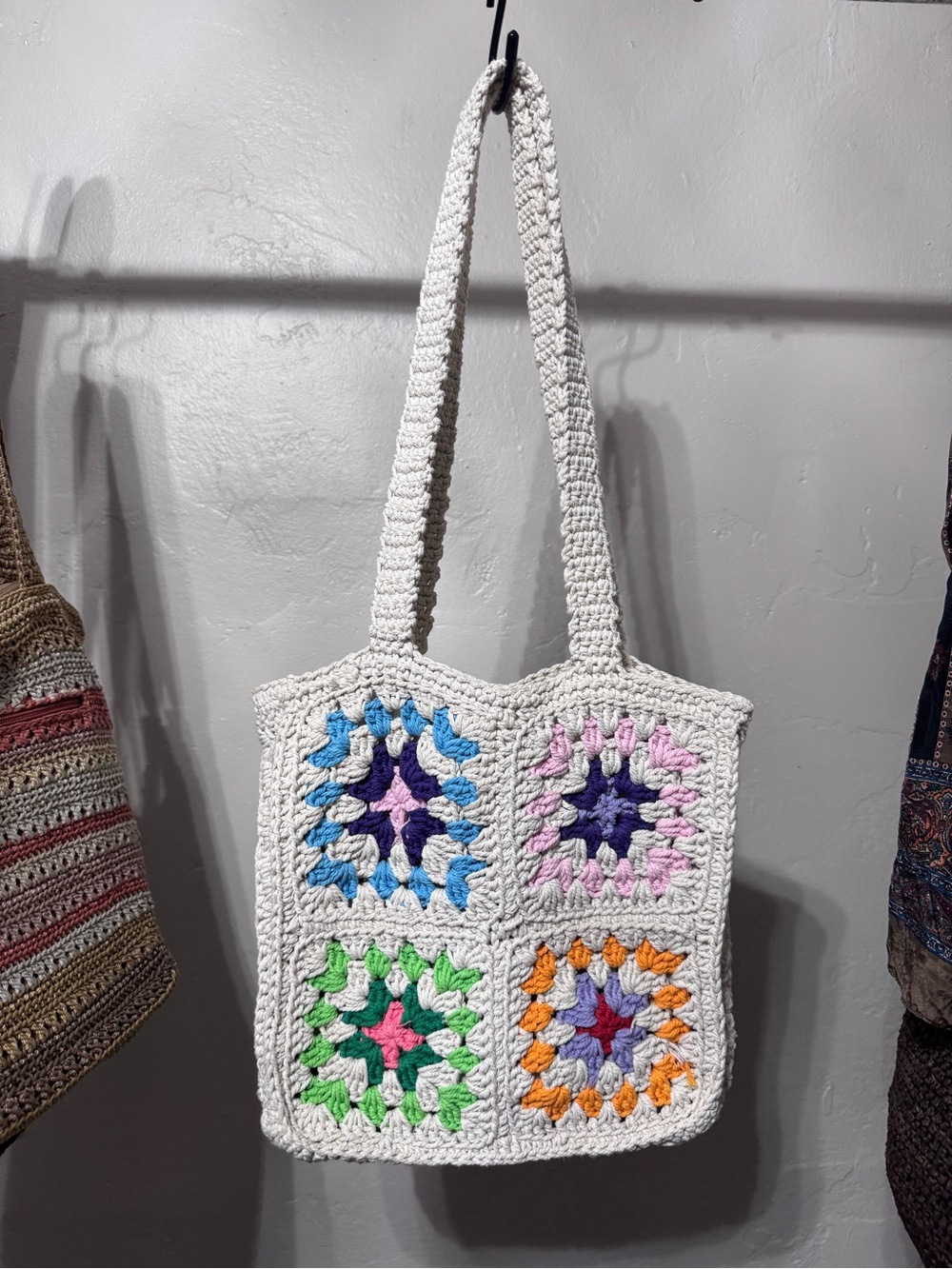 Crocheted White Granny Square Tote Bag with Multicolor Accents